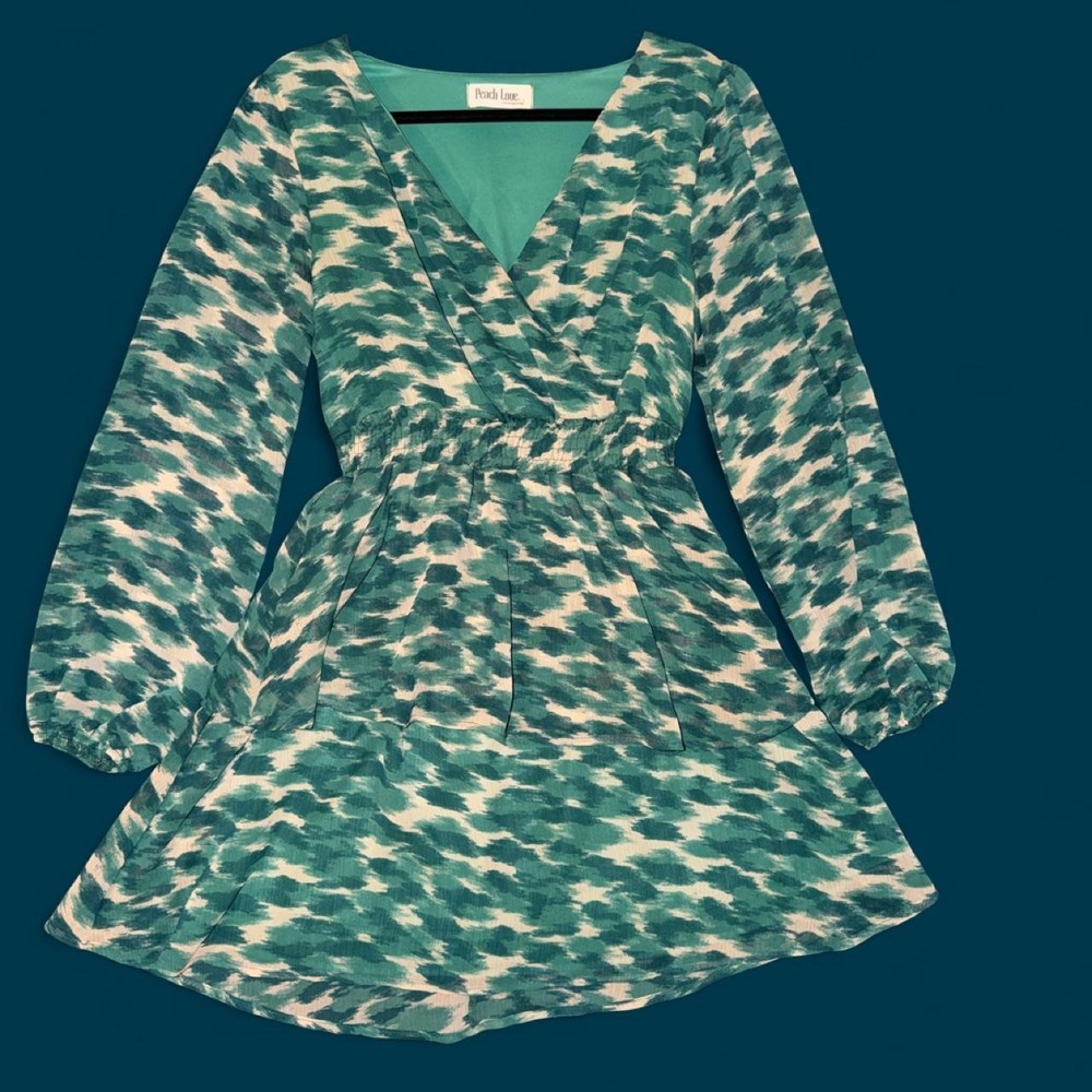 Peach Love Green Abstract Print Long Sleeve Mini Dress Size Medium